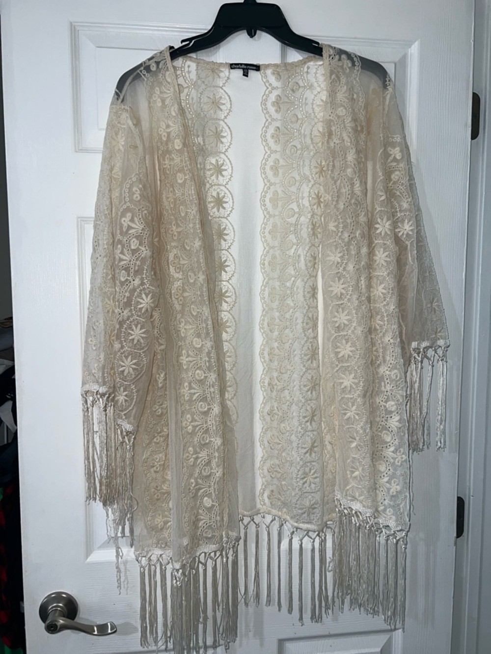 Sheer Lace Fringe Kimono Cardigan in Cream